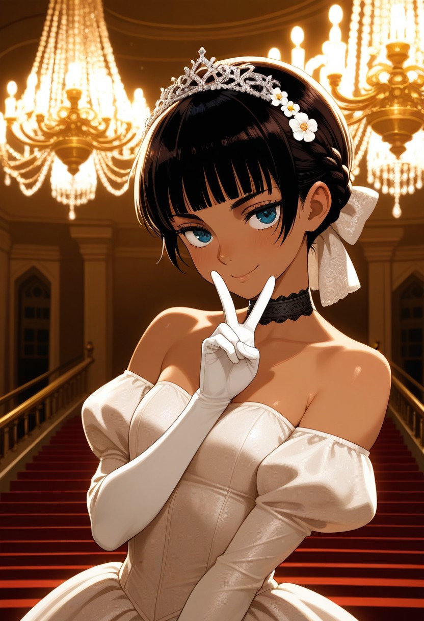 masterpiece, best quality, amazing quality,
 1girl,,casca_(berserk), dark-skinned female,(blunt bangs:2), (French braid:1.4),black choker ,Sepia colour dress, juliet sleeves, ,flower hair bow,(hair ornament:1.2),
Head Chain,  ballgown, exposed shoulders, 
white glove,
,v,  smile, 
dance_hall,chandelier,at night,Dressed ladies and gentlemen background