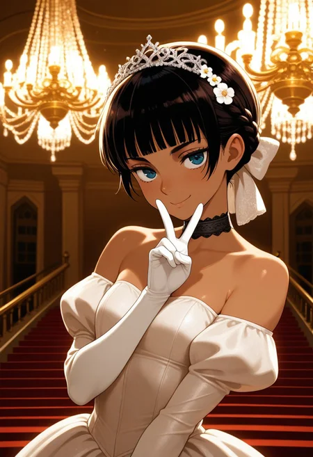 masterpiece, best quality, amazing quality,
1girl,,casca_(berserk), dark-skinned female,(blunt bangs:2), (French braid:1.4),black choker ,Sepia colour dress, juliet sleeves, ,flower hair bow,(hair ornament:1.2),
Head Chain, ballgown, exposed shoulders,
white glove,
,v, smile,
dance_hall,chandelier,at night,Dressed ladies and gentlemen background