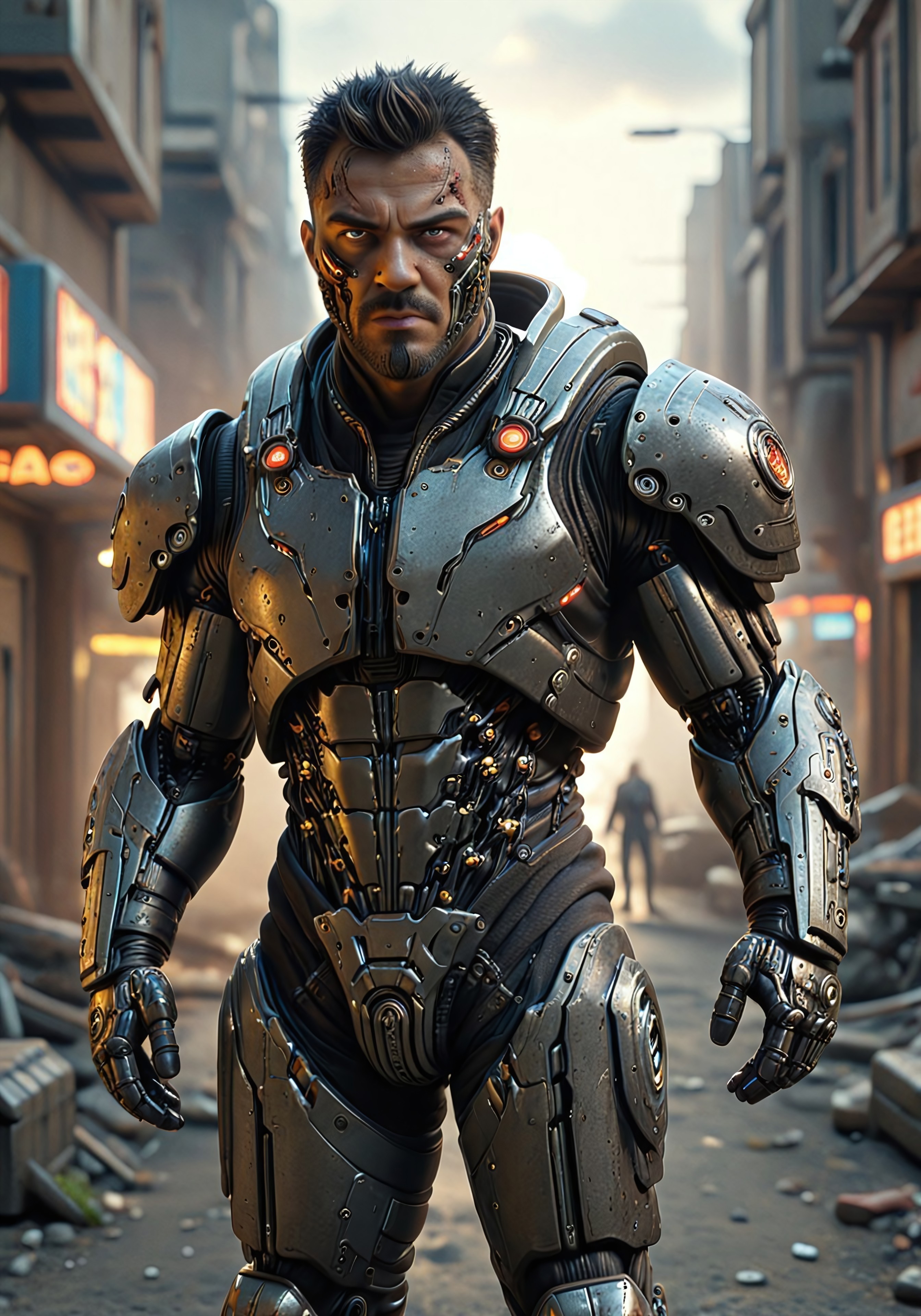 A futuristic battlefield reveals a captivating scene. YoungMoxie, a grizzled cyborg, stands amidst the chaos with his face clearly lit, his exosuit, now worn with battle damage, reflecting the setting sun's rays. The exosuit, a masterpiece of gothic design, enhances his muscular frame, its bulkiness conveying strength and resilience. YoungMoxie's presence, a fusion of human and machine, exudes determination and a sense of duty. This cinematic film still, with its retro arcade style, captures a moment of intense action, where his cybernetic enhancements and battle-worn armor leave viewers enthralled by the fusion of technology and warfare in this dystopian, futuristic world,
perfection style, perfection, perfect,