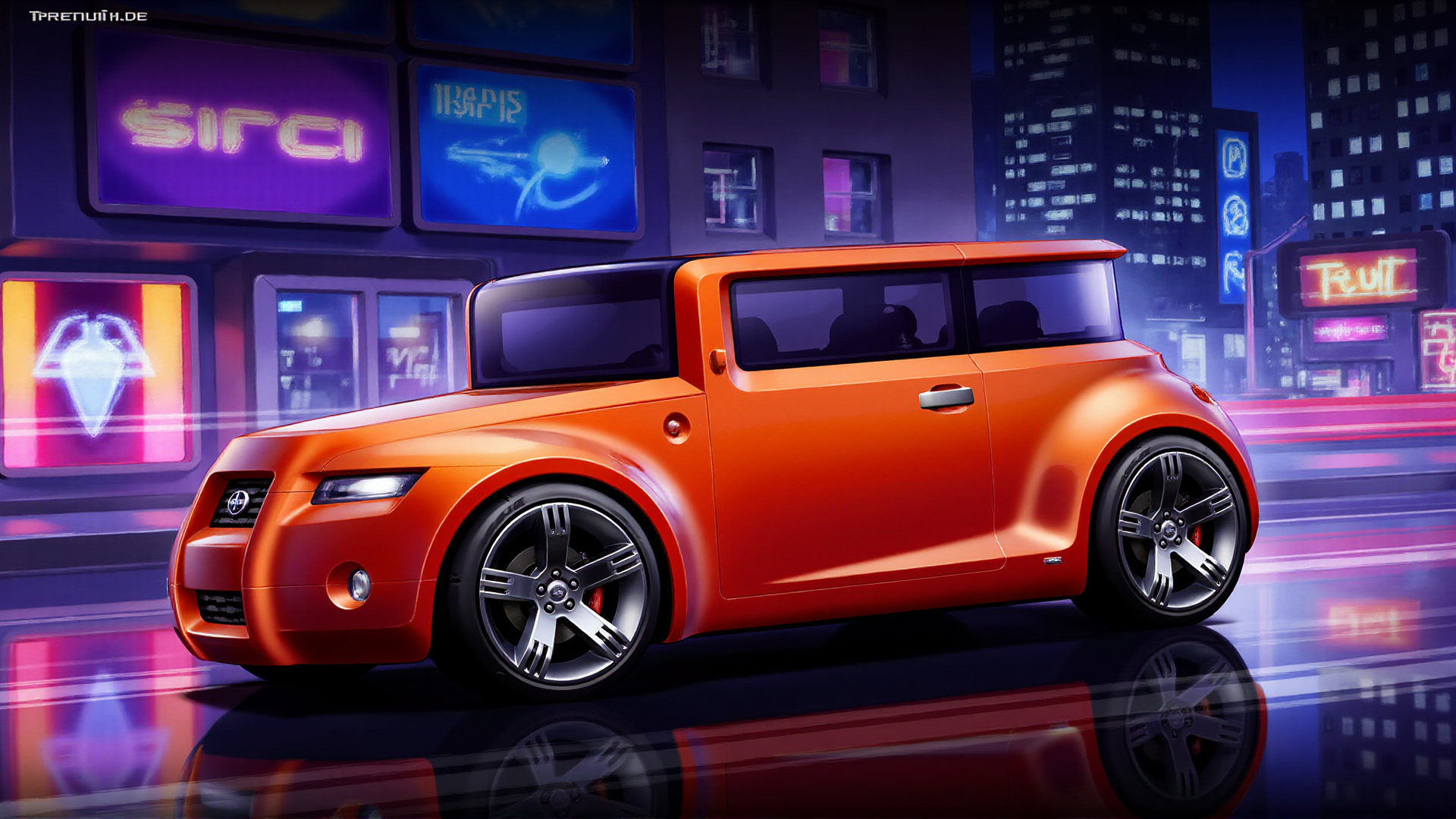 A photorealistic depiction of the Scion Hako Coupe Concept cruising through a bustling neon-lit cityscape at night. The bold, boxy proportions and vibrant orange paint pop against the glow of colorful LED advertisements and reflections on the wet asphalt. The wraparound panoramic glass gleams with the surrounding lights, emphasizing its futuristic aesthetic. Key details like the wide grille with the Scion emblem, narrow LED headlights, and circular fog lights enhance the carâs dynamic look. Polished multi-spoke alloy wheels and sculpted wheel arches reflect the neon glow, with tall glass skyscrapers completing the high-energy urban atmosphere
 <lora:ral-hkcpcncpt_000004000:1>