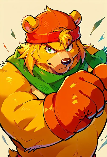 score_9, score_8, score_7, score_6, 1man, solo, furry, anthro, anthro bear, source_cartoon, Bark the bear, green scarf, orange beanie, furry male, simple background, gloves, upper body, fighting stance, portrait, looking at viewer,