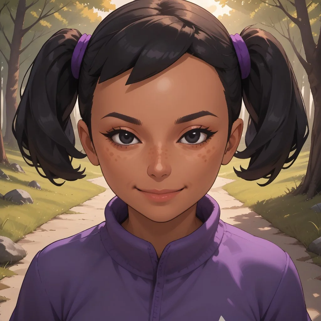 score_9, score_8, BREAK, solo, wii, mii, wii sports, 1girl, female mii, dark skin, freckles, black hair, twintails, black eyes, purple clothing, black pants, shoes, cute, Miyu_(Wii_Sports), nintendo mii, modern_mii, classic_mii, breasts, sexy pose, smile, outdoors, sunlight, shadows, evening lighting, natural lighting, forest, trees, grass, orange sky, sunset