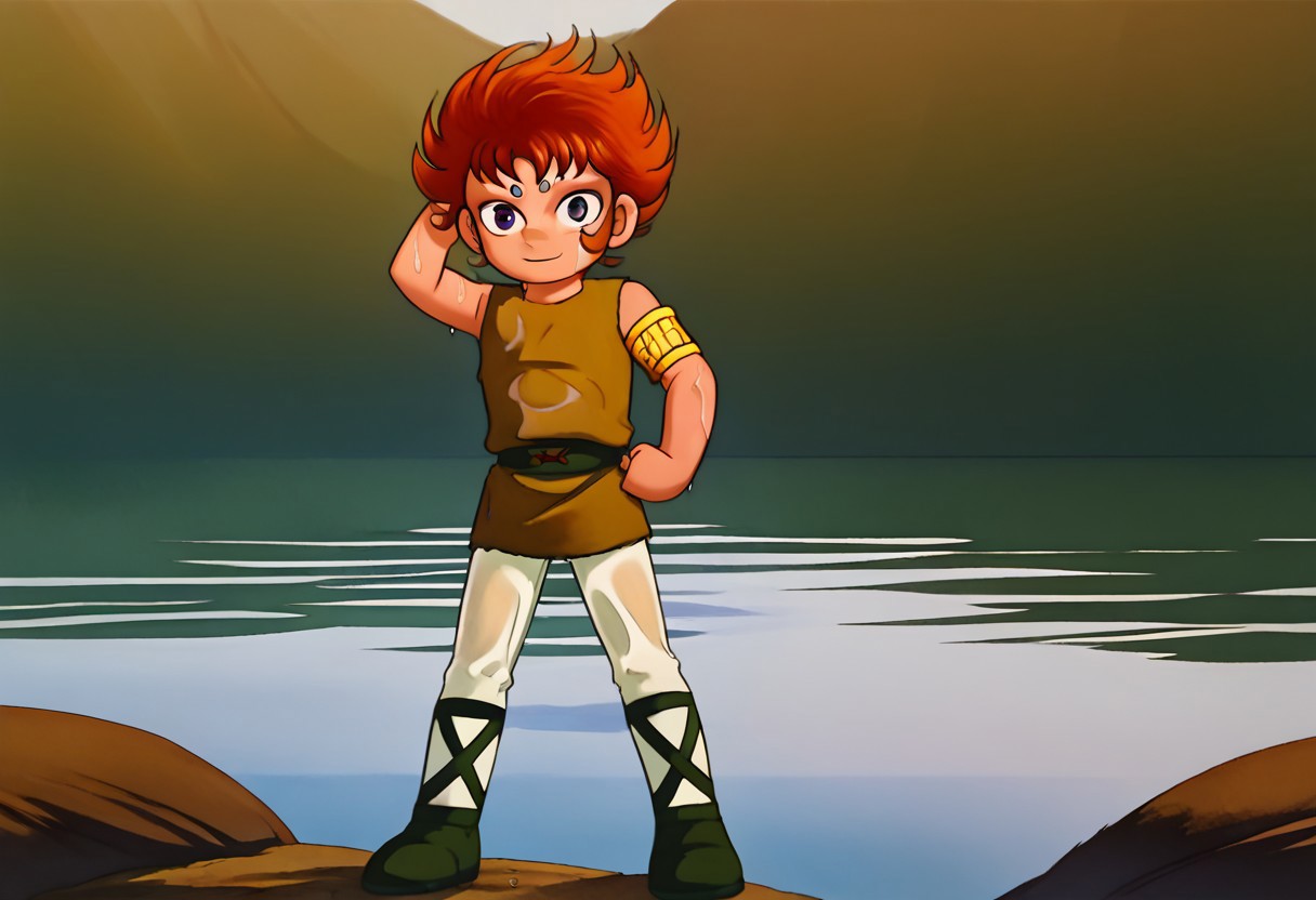 score_9, score_8_up, score_7_up, score_6_up, saintkiki, young, male, spiky red-orange hair, large purple eyes, two purple markings on forehead, 1boy, solo, sleeveless tunic, black belt with buckle, golden arm bracelet, white pants, black boots, crisscross straps, beautiful eyes, expressive eyes, androgynous, beautiful face, wet clothes, , great lake background, aid291, smiling, sweet, petite, cute