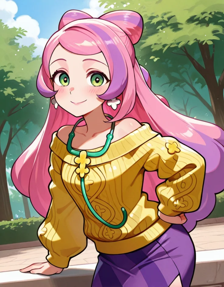 masterpiece, best quality, amazing quality, very aesthetic, absurdres,  newest, detailed background, 4k, 8k, outdoors, beautiful eyes, hyperdetailed, ralphstyle,
miriamxd, 1girl, solo, earrings, smile, long hair, sweater, stethoscope, jewelry, green eyes, skirt, multicolored hair, purple skirt, looking at viewer, yellow sweater, purple hair, closed mouth, pink hair, off shoulder, long sleeves, blush, hand on hips, cable knit, 
 <lora:Nurse_Miriam_-_Pokemon_Illustrious:1>,   <lora:Ralph_Breaks_the_Internet_Style_-_Disney_Illustrious:1>