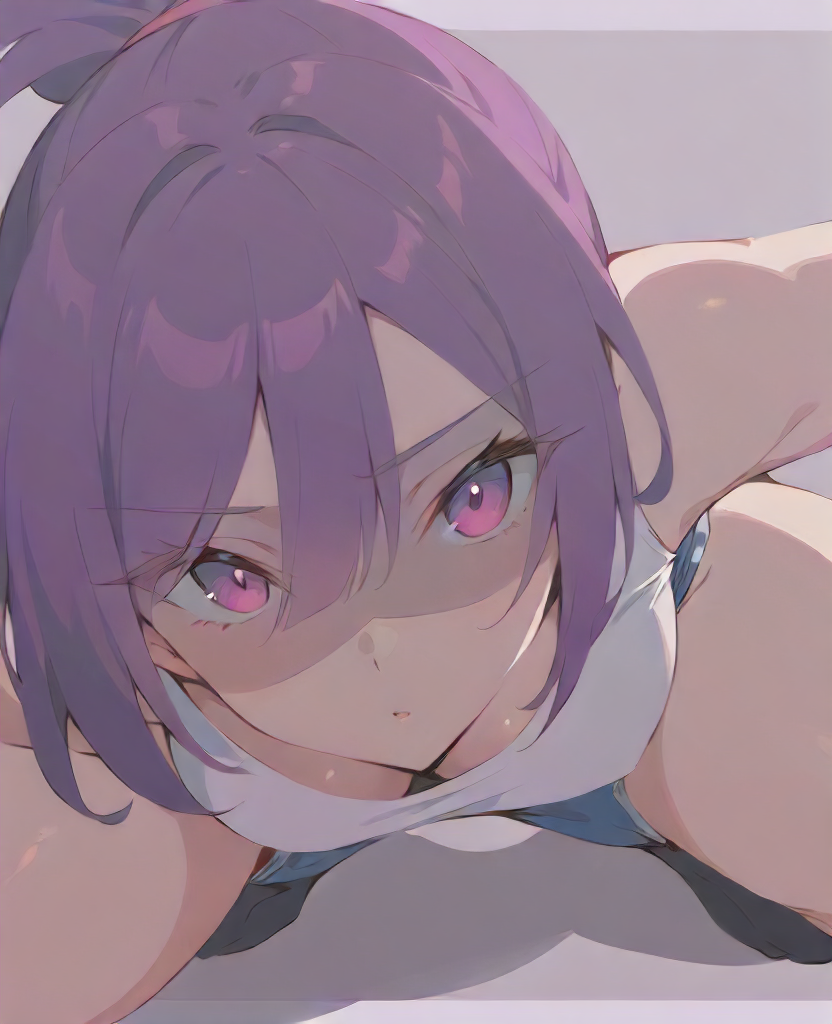 best quality, masterpiece, illustration by gesoking ,purple hair, pink eyes, cel shading, ponytail, (denim_shorts, short_shorts, white_shirt:1.2), medium breasts, <lora:yuzu-test-step00002250:0.675> yuzuriha_\(hells paradise\), jigokuraku, yuzuriha_\(jigokuraku\), hatching \(texture\) , facing viewer,  dutch angle, leaning in to the camera, full body, dynamic pose, squatting, legs spread, ass focus,wide_hips, alluring legs,close-up, shaded face, eyeliner, eyeshadow, highly detailed pink eyes, bangs, ninja, ray tracing, HQ, absurdres, narrow waist, hips, thighs, bare shoulders, neck