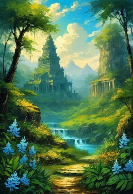<lora:kallmekris:0.5> kallmekris mixed with <lora:esme_sdxl:0.5> esme , fantasy, fantasy art, A mystical forest, filled with ancient trees, glowing flowers, fairies, animals. wild life, a foest full of life, enchanting atmosphere, yellow wild flowers, blue wild flowers, jungle, dark forest, fern, green plants, blue, plants, rocks, statues,
Break, In the center, a old palace, (( ancient ruins )), Indian architecture, distant palace, Indian palace, dark forest, 
oil painting, palette knife soft brushstrokes, heavy strokes, dripping paint, art station on trend, ,( tall grass), (strong wind), (mountaintops), (clouds), atmospheric, (re glow), [romantic impressionism, dream scenery art, beautiful oil matte painting, romantic, beautiful digital painting, anime landscape, romantic painting, dreamlike digital painting, colorful painting, beautiful gorgeous digital art, style of greg rutkowski, janek sedlar,jenny saville:1,2] <lora:vivid_everclear:0.6> <lora:Sinozick:0.65>