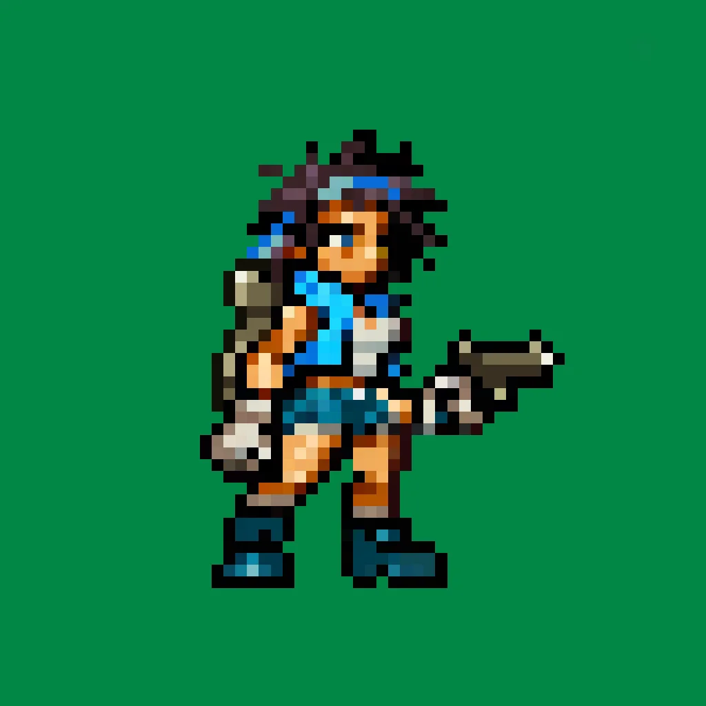 <lora:metalslugxl:1>, metalslugxl, pixelated, mspixel, score_9, score_8_up, score_7_up, (solo), 1girl, vest, booty shorts, breasts, boots, midrif, gloves, messy hair, full body, small pistol in both hands, slim, from side, (short stack), from far away, BREAK, (simple white background), backpack,