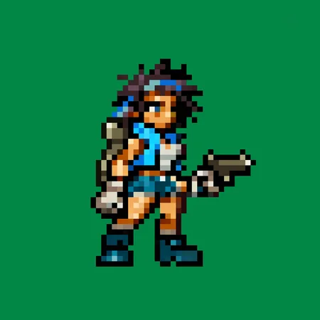 <lora:metalslugxl:1>, metalslugxl, pixelated, mspixel, score_9, score_8_up, score_7_up, (solo), 1girl, vest, booty shorts, breasts, boots, midrif, gloves, messy hair, full body, small pistol in both hands, slim, from side, (short stack), from far away, BREAK, (simple white background), backpack,