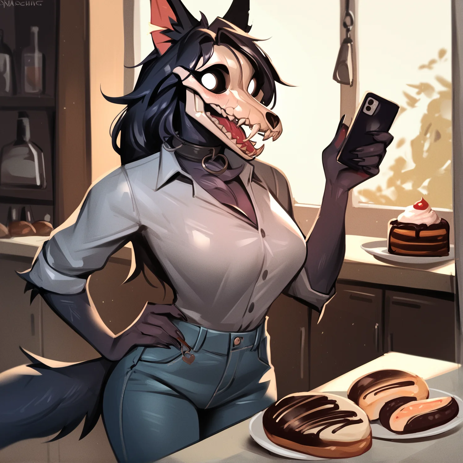 <lora:Mal01471-000007:1> img, scp-1471 scp-1471-a, black fur, mal01471, standing in a bakery in casual shirt and jeans, holding a mobile phone and pointing at it, smiling,, detailed, masterpiece,score_9, score_8_up, score_7_up, score_6_up, best quality
