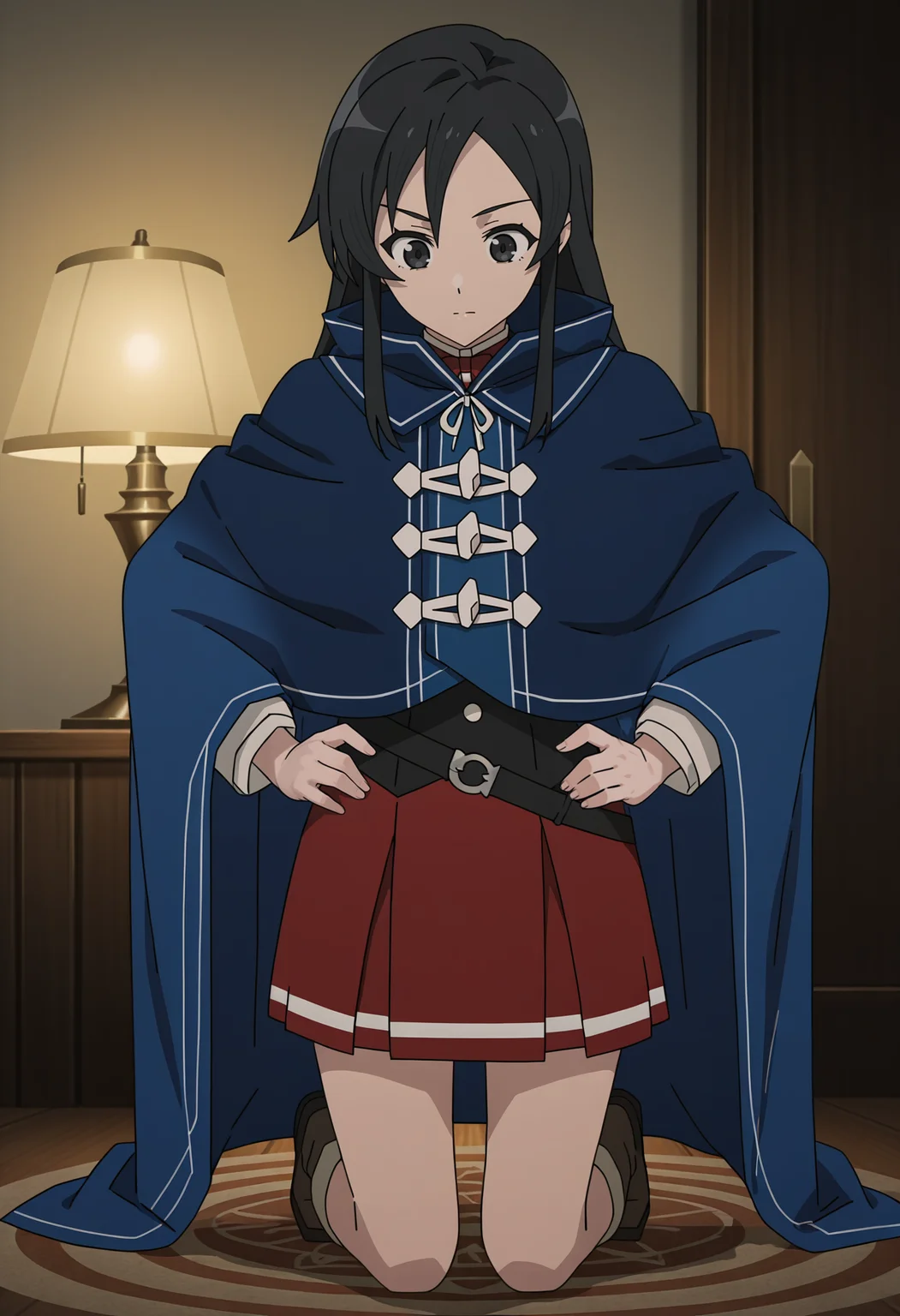 <lora:Shizuka NANAHOSHI_illustrious-000036:1>,
Shizuka NANAHOSHI,solo,skirt,hands on own hips,red skirt,kneeling,blue cloak,cloak,indoors,lamp,cape,pleated skirt,closed mouth,blue cape,anime screencap