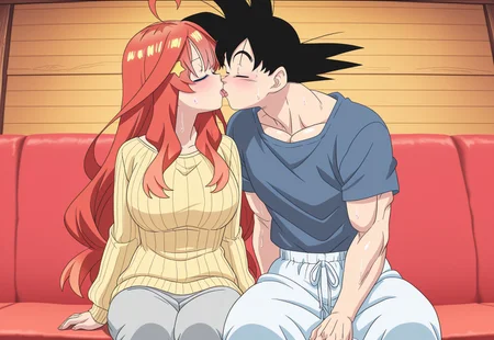 masterpiece, best quality, newest, absurdres, very aesthetic, (1girl, solo, cowboy shot, anime coloring, itsuki nakano, long hair, bangs, blue eyes, hair ornament, hair between eyes, very long hair, ahoge, red hair, star (symbol), star hair ornament, mature female, large breasts, anime screencap ,knitted sweater,sweatpants,,,)( Goku,spiked hair, black hair,black eyes,very muscular, Sitting on a Red Couch in a Wooden House,closed eyes,cute couple,Kissing,french kiss,tongue kiss,very wet kiss

