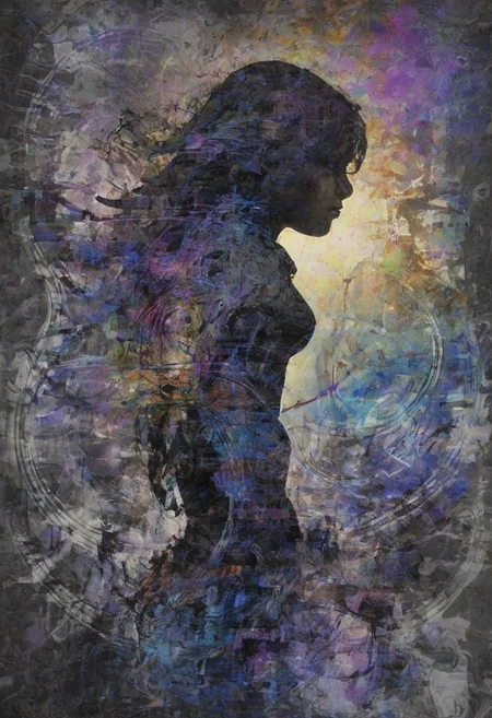 a world inside me, street, iridescent, gem, epic fantasy, dark fantasy, gritty, real, graffiti, long hair, (((silhouette))), expressionism art, fractals, stopwatch, deep purple and gray, at dusk, cinecolor, (dimmed colors:1.1), hdr, mentixis, linquivera