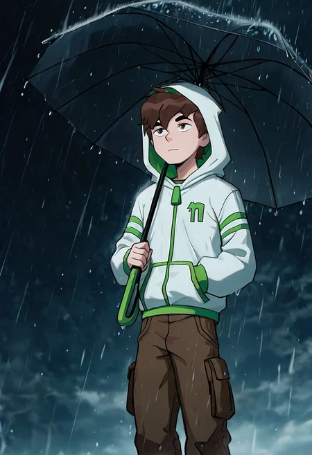 masterpiece, best quality, amazing quality, very aesthetic, absurdres, newest,
benov, short hair, brown hair, 1boy, solo,, thick eyebrows, brown cargo pants, green strips on clothes
, white hoodie, zipper, long sleeves, holding umbrella, hood up, outdoors, heavy rain, dark sky, heavy rain, storm, strong winds,
