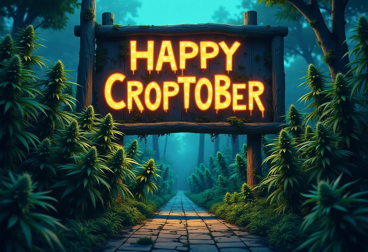 Whimsical anime artwork highly detailed, dark!, undead. highly detailed, horror fantasy art, nightmarish illustration . anime style, key visual, vibrant, studio anime, highly detailed Cannabis plants surrounding a large " Happy Croptober" sign