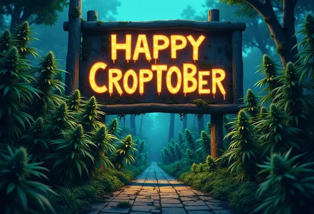 Whimsical anime artwork highly detailed, dark!, undead. highly detailed, horror fantasy art, nightmarish illustration . anime style, key visual, vibrant, studio anime, highly detailed Cannabis plants surrounding a large " Happy Croptober" sign