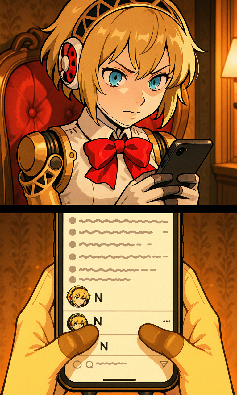 masterpiece, best quality, amazing quality, very aesthetic, absurdres, newest, (2koma:1.3), (holding phone, n:1.4), 1girl, solo, (android, aegis \(persona\):1.3) serious expression, cinematic lighting, clean anime style, minimal noise, soft shading, <lora:dmd2_sdxl_4step_lora:1>, <lora:2koma_holding_phone_N:1>