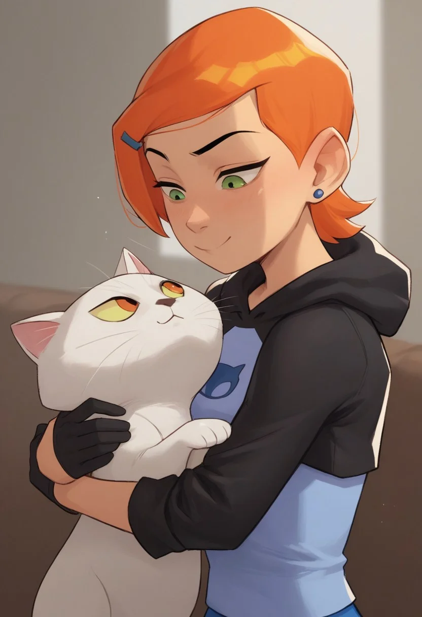 score_9, score_8_up, score_7_up, score_6_up, score_5_up, score_4_up, gwen_tennyson, ben10, 1girl, indoors, depth of field, hugging a cat, large breasts, short hair, hoodie, leather, cropped jacket, blue skirt, gloves