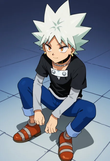 score_9, score_8_up, score_7_up, score_6_up, highly detailed,Good Colors, Glowing Skin, Good Shading, Good Eyes, Contrast Shading, 1boy,cute boy, male focus, solo, slim,
heppokomaru, white hair, spiky hair, orange eyes, golden earring, choker, silver necklace, black t-shirt, blue pants, orange shoes, 1boy