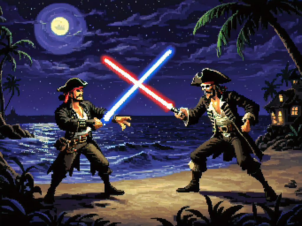 <lora:lucasarts style:0.7> lucasarts style, two pirates fighting with lightsabers at night