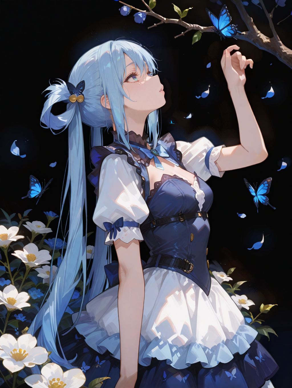 perfect quality,high quality,masterpiece,best quality,amazing quality,very aesthetic,absurdres,Cinematic Lighting,newest,Tactical use of shadow,
AquaCYQL,1girl,solo,long hair,blue hair,very long hair,hair rings,hair ornament,blue eyes,
dress,flower,closedeyes,blackbackground,handonownchest,fromside,shortsleeves,whitedress,petals,bluedress,twintails,veryprofile,butterfly,bug,branch,partedlips,handup,lowtwintails,simplebackground,lookingup,breasts,standing,floralprint,
<lora:ponyv4_noob1_2_adamW:0.7>,<lora:spo_sdxl_10ep_4k-data_lora_webui:0.6>,<lora:USNR STYLE_XL_loha:0.45>,<lora:748cmSDXL:1>,usnr,748cmstyle,<lora:Aqua_Illustrious by Cyql:1>,