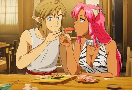 Pink_DragonPink, 1girl, sleeveless dress, white tiger print dress, pelvic curtain, cleavage, white tiger tail, red sash, small breasts, leather shoes, masterpiece, very aesthetic, cute expression <lora:pink-illustrious:1>, japanese restaurant, counter, showcase, omakase, sushi plate
Break
(anime, anime coloring:1.3),1boy,Anime screencap,link (zelda),blonde hair,blue eyes,pointy ears, wearing blue hyilian tunic, holding chopsticks, Link feeding dragonpink sushi, indoor, chair, window, japanese restaurant, counter, showcase, omakase, sushi plate, wooden plate,
Dragonpink and Link happily enjoy a meal, indoors, chair, window, japanese restaurant, link and dragonpink feed each other sushi, link and dragonpink holding hands, link and dragonpink kissing, counter, showcase, omakase, sushi plate, wooden plate, both dragonpink and link upper bodies in frame, smiling at each other