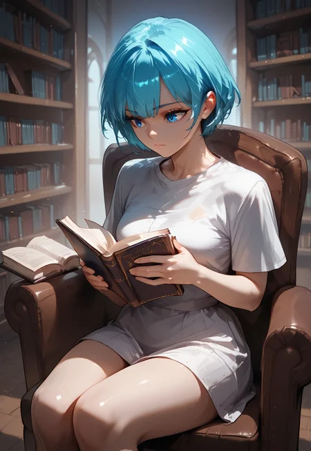 score_9, score_8_up, score_7_up,1girl, blue eyes, short hair, medium breast, cowboy shot, sitting on chair, holding book, reading, library,