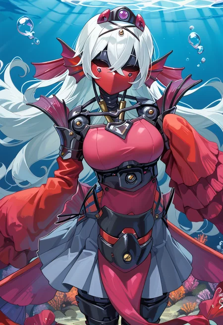 (score_9:0.9),score_8_up,score_7_up,rating_explicit,(zPDXL),(zPDXL3),
<lora:Tearlaments Kashtira PonyXL v1:0.77>,tearlaments kashtira,black tiara,red detached sleeves,red dress,1girl,solo,underwater,looking at viewer,red mask,science fiction,red calf fins,robot,mechanical mermaid,machinery,sleeves past wrists,black pleated skirt,no eyes,