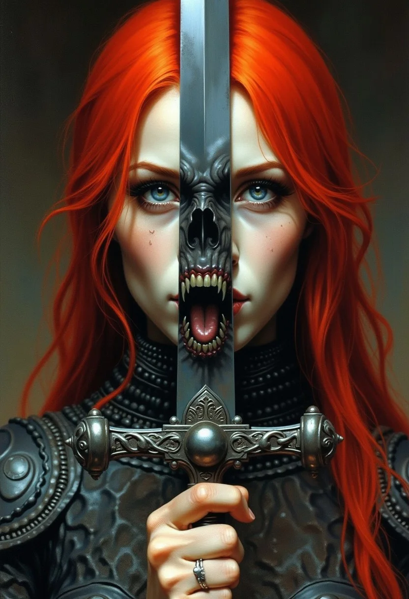 frank frazetta dark fantasy oil painting, (extremely closeup portrait of face and top of chest) of woman with pale skin and bright red hair wearing chainmail.  She is holding a sword up in front of her which divides the portrait of her into 2 sides, the reflection of the sword shows a monstrous face