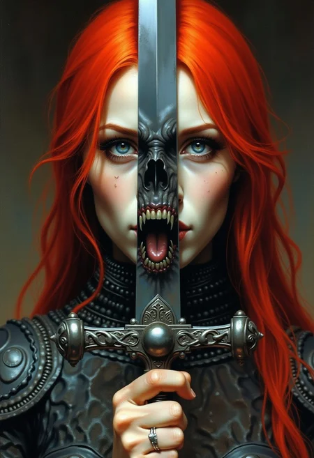 frank frazetta dark fantasy oil painting, (extremely closeup portrait of face and top of chest) of woman with pale skin and bright red hair wearing chainmail. She is holding a sword up in front of her which divides the portrait of her into 2 sides, the reflection of the sword shows a monstrous face