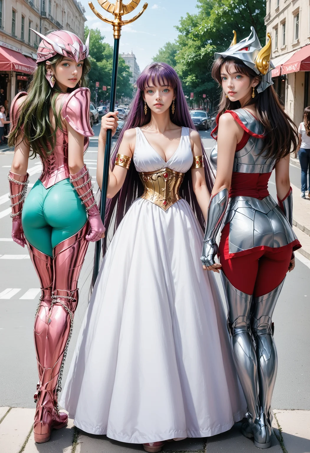 score_9,score_8_up,score_7_up,8k,real,realistic,raw,photorealistic,pretty face,detailed face,detailed eyelashes,heavy make-up,dynamic pose,outdoors,paris,street,large breasts,slim waist,wide hips,3girls,((intricate)),<lora:saintseiya5-pony-v100-000006:0.3>,
BREAK
from behind,back view,1gshun,pink armor,Germany girl,(green leggings:0.9),armor,green hair,long hair,breasts,boots,helmet,gloves,gauntlets,pauldrons,armored boots,shoulder armor,chain,skin tight,vambraces,thigh boots,pink gloves,greaves,earrings,shoulder pads,bodysuit,green eyes,
BREAK
1gathena,long hair,dress,staff,white dress,breasts,purple hair,armlet,holding staff,holding,golden corset,jewelry,standing,shadow,earrings,sleeveless,cleavage,sleeveless dress,bangs,blue eyes,bare shoulders,lips,collarbone,green eyes,parted lips,very long hair,underbust,long dress,closed mouth,
BREAK
from behind,back view,1gseiya,japanese girl,armor,fingerless gloves,gloves,helmet,faceless,red corset,bodysuit,shoulder armor,earrings,greaves,armored boots,sleeveless,vambraces,pauldrons,boots,breasts,armor skirt,