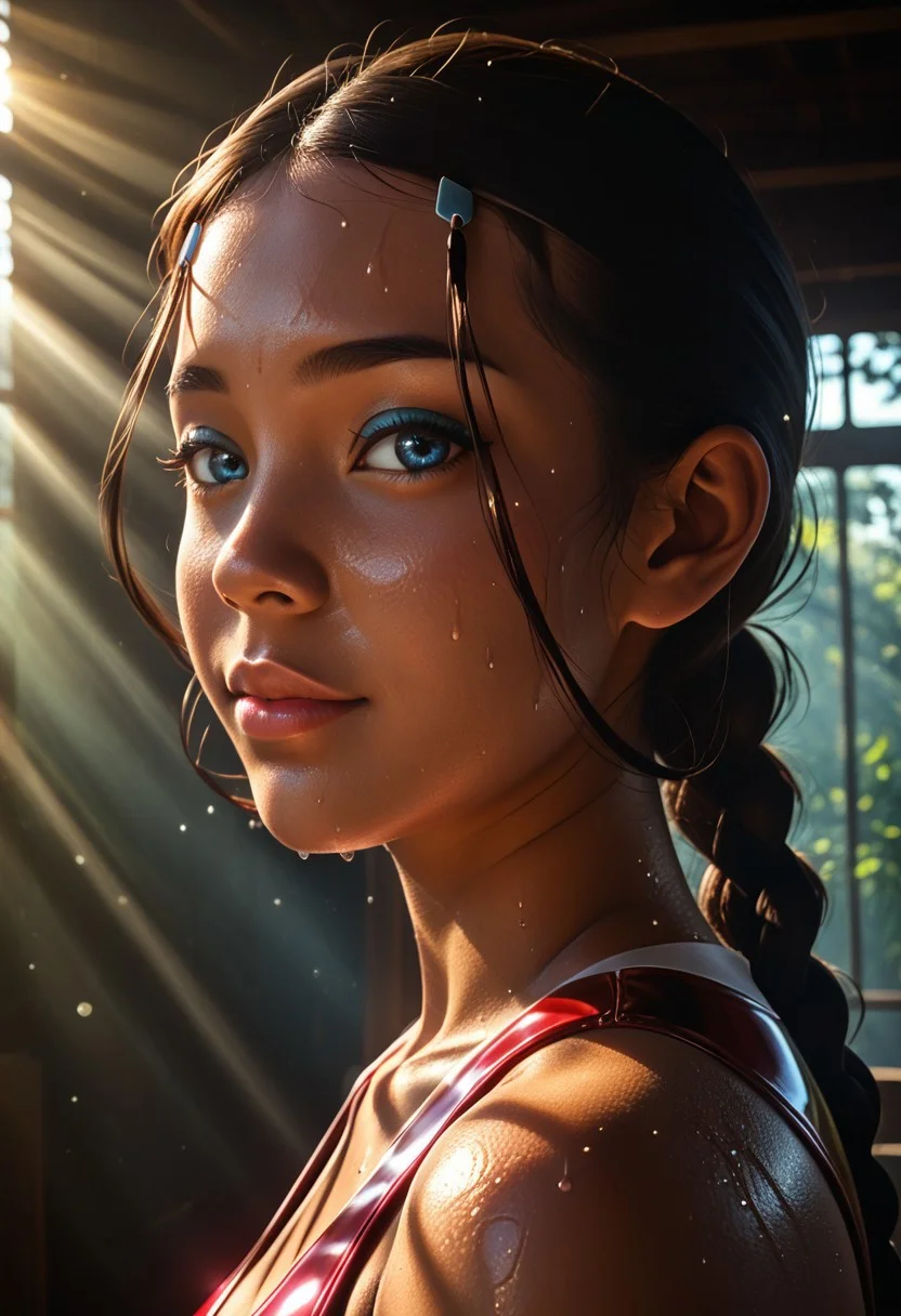score_9, score_8_up, score_7_up, realistic, realism, HD, perfect quality, 16k, very detailed, realistic lighting, photo, photorealistic, realistic detailed face, BREAK, (((good_hands))), (((bedroom eyes, (light smile:0.5)))), BREAK, solo, (katara, long hair, blue eyes, brown hair, black hair, hair ornament, hairclip, braid, single braid, braided ponytail, dark skin, dark-skinned female), eye_focus, solo, looking_at_viewer, ((sweaty skin:1.3)), lips, mint eyeshadow, sensual eyes, looking at viewer, nervous, seductive, medium body size, slightly small neck, plumb body, voluptuous hips and thighs, curvy body size, huge breasts, wide hips, microwaist, huge ass, nooganugnugs, perfect thighs, perfect legs, anatomically correct, (obese female: -1.5), (plump saggy breasts:0.5), pink nipples, (((metalic latex dressed, covered breasts, covered nipples))), BREAK, (from side:1.5). cute perky nose, tan skin,natural skin texture, (round face:1.2), skinny body, round ass, narrow waist, gluteal fold, garter belt, (stockings,skindentation). standing, rear view, (from below), leaning foward, butt sticking out, showing ass, big ass, curvy, looking at viewer, BREAK cinematic shot, dynamic lighting, detailed background, dynamic angle, volumetric lighting, ultra realistic, film grain, gods rays