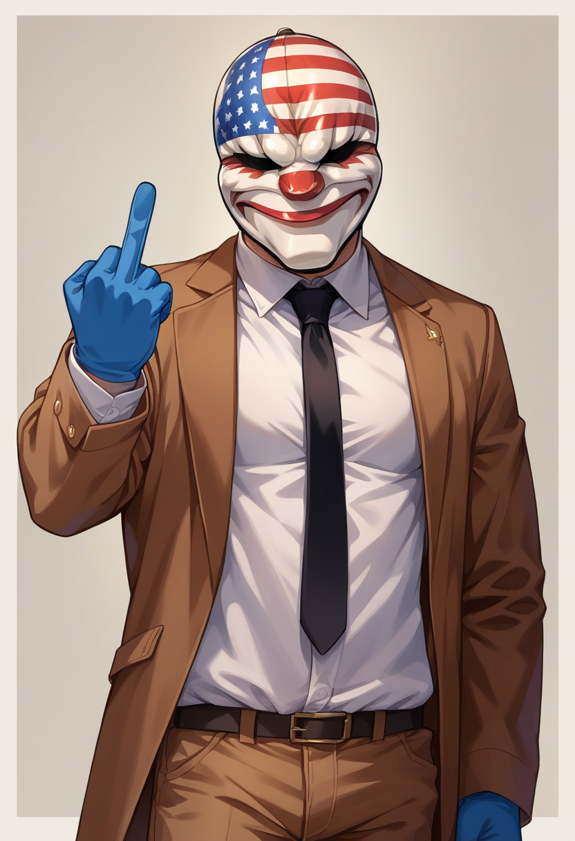 score_9, score_8_up, source_anime, 1boy, solo, DallasPD, mask, brown jacket, open jacket, black necktie, white shirt, dress shirt, blue gloves, brown pants, middle finger, <lora:epoch-000014:1>