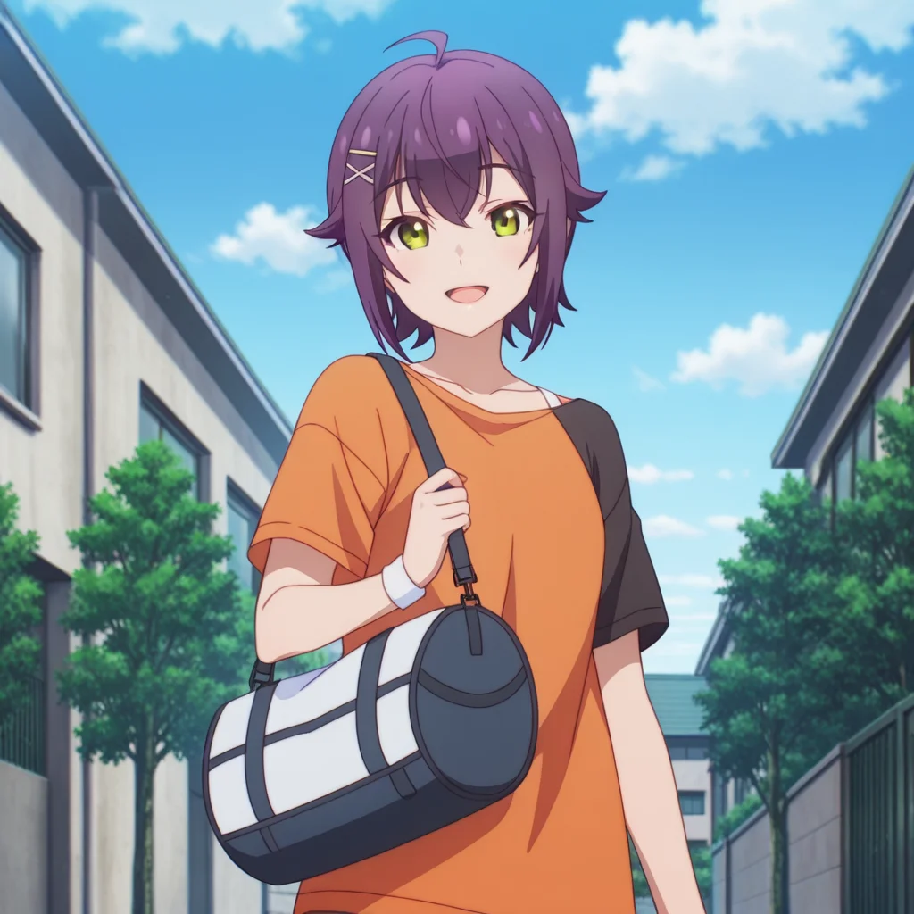 nsfw, masterpiece, best quality, 1girl, solo, the_dreaming_boy_is_a_realist_kei_ashida, short hair, sky, hair ornament, outdoors, green eyes, bag, day, cloud, purple hair, ahoge, shirt, hairclip, open mouth, blue sky, looking at viewer, smile, tree, building, collarbone, orange shirt, wristband, cloudy sky, short sleeves, bangs, <lora:Kei_Ashida_-_The_Dreaming_Boy_Is_a_Realist:0.7>