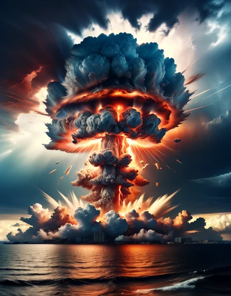 Raw photo of huge Atomic explosion, crepuscular rays, cumulus nimbus clouds, volcanic lightning, 8k uhd, dslr, high quality, film grain, Fujifilm XT3,fireball, (nuclear weapon:1.2),Mushroom cloud,Distant city,(Shock Wave smoke:1.2),Radiation,sea Surface reflection, made of ral-vlntxplzn <lora:ral-vlntxplzn:1> realistic multicolor