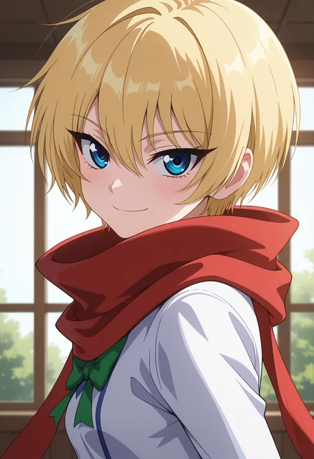 masterpiece, best quality, amazing quality, 1girl, solo, (portrait:1.2), lilyww, blue eyes, tsurime, blonde hair, short hair, hair between eyes, small breasts, red scarf, white school shirt, green breasts bow, looking at viewer, smile, indoors, day, skindentation, detailed clothing folds, depth of field, sharp, high contrast, dynamic light <lora:Lily_Shiraishi_Ichiban_Ushiro_no_Daimaou_ill:0.9>