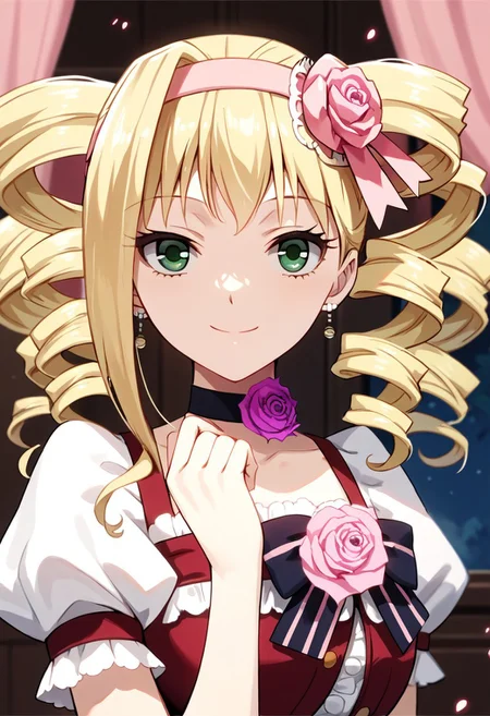 score_9, score_8_up, score_7_up, source_anime, ELIZABETH MIDFORD, DRILL HAIR, TWIN DRILLS, 1girl, solo, smile, blonde hair, hair ornament, dress, bow, ribbon, jewelry, green eyes, flower, hairband, earrings, choker, rose, drill hair, pink bow