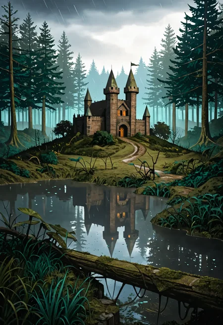 masterpiece, best quality, newest, absurdres, highres, safe, beautiful lighting, detailed, realistic, photo, photorealism, absurd res, newest, hi res, very awa, very aesthetic, sharp lighting, beautiful lighting, BREAK, heroes2, landscape, from above, dark forest, shadowy trees, dense grass, overgrown plants, eerie atmosphere, misty sky, haunted forest, fantasy setting, green and blue tones, mysterious woodland, fortress in distance, fantasy, swamp, mire, bog, gloomy, fortress, castle, wooden building, moss, overcast, raining, ,
, <lora:HoMM_v8NoobBs975:0.8>,