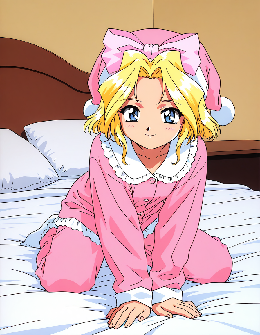 masterpiece, best quality, good quality, <lora:Iris_Chateaubriand_IS:1>  IrisChateaubriand, blonde hair, pink bow, blue eyes, hair bow, short hair, smile, pink pajamas, hat, bed room, 1990s (style)
Show less