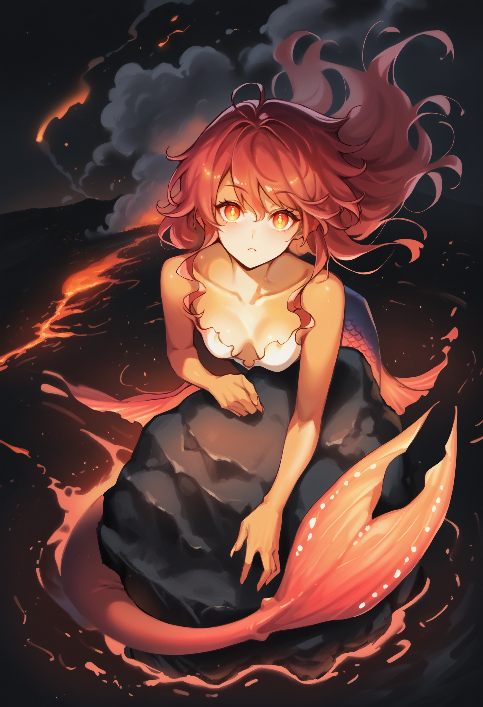 score_9, score_8_up, score_7_up, score_6_up, source anime, 
bioluminescence, 1girl, arm support, looking at viewer, glowing eyes, cloud, collarbone, colored skin, red glow, fins, fish tail, full body, glowing, horizon, lava, long hair, mermaid, monster girl, ocean, on rock, orange skin, original, outdoors, overcast, parted lips, red hair, rock, sky, smoke, solo, tail, water,
from above ,
black background, backlighting, dark theme,
masterpiece, best quality, very aesthetic, absurdres
<lora:bioluminescence_monmusu_v15:1>