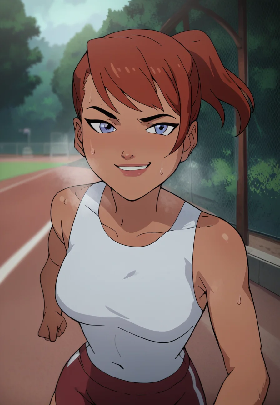 score_9_up, score_8_up, score_7_up, <lora:Batgirl_-_Killing_Joke_PDXL:1>,barbara gordon, ginger hair, ponytail, blue eyes, medium breasts, white sport crop top, red sport shorts, steaming body, sweatdrop, sweat, running, smug, mouth little open, solo, outdoors, park, day, front view, best quality, high quality
