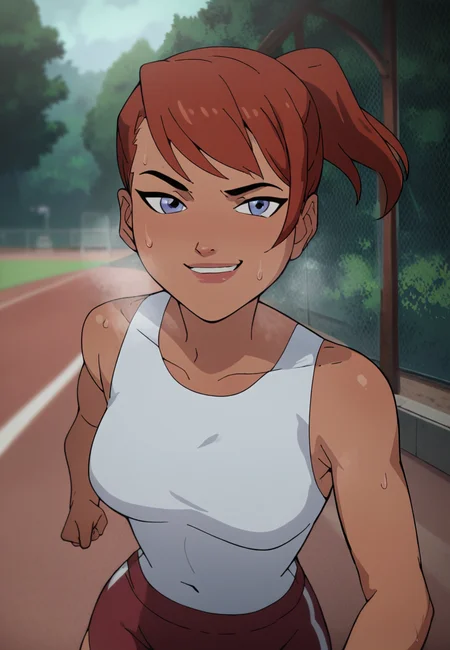 score_9_up, score_8_up, score_7_up, <lora:Batgirl_-_Killing_Joke_PDXL:1>,barbara gordon, ginger hair, ponytail, blue eyes, medium breasts, white sport crop top, red sport shorts, steaming body, sweatdrop, sweat, running, smug, mouth little open, solo, outdoors, park, day, front view, best quality, high quality