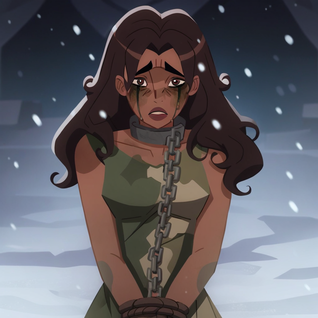 score_9, score_8_up, score_7_up, source_anime, expressive, anime, (THYR4T0tG:1.2), Artist speedlines, dynamic, 1girl, dark-skinned female, dark skin, blush stickers, long hair, brown hair, lips, brown eyes, chain, collar, restrained, rope, torn clothes, dress dirty, sad, averting eyes, runny makeup, standing, shy, blush, sensual, looking at viewer, source hentai, outdoors, snow, snowing
