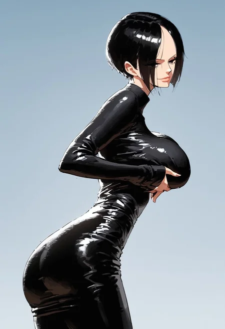 Very erotic pose, black hair, short hair, bangs, normal sized breast, saggy breasts ,score_9, score_8_up, score_7_up, 1girl, source_anime, shiny skin, cery detailled, erotic background, erotic clothes, erotic face, source_anime, beautiful face, perfect face, sexy pink lips, cute face, Expressiveh, perfect sexy face, perfect milf face, Blue and green toned shadows, Sunlight, golden hour, hughly contrasted midtone, high contrast, heavy colors contrast, lot of highlights on skin, face and breast as focal point, shiny forehead, strong and soft shadows, blue and green shadows, red and orange lights, cold shadows, hot lights, redish spotlights, heavy occlusion shadows, warm highlights, darker shadows,, blue green, environnement, golden hour sunlight, expressiveh, black square cut, bangs on forehead , Kartoon, skinny, thin body shape, hourglass body, square ass, brazilian butt lift, bbl, tight skirt, big smirk, ass bent, angular body shapes, triangle breast, square ass, Cartoon, shapes, black suit, black skinny pants, haughty, tired eyes, unfazed, eyebags , mole under eyes, one piece manga style, hair over forehead, eyeliner, black eyes, sexy haughty eyes
