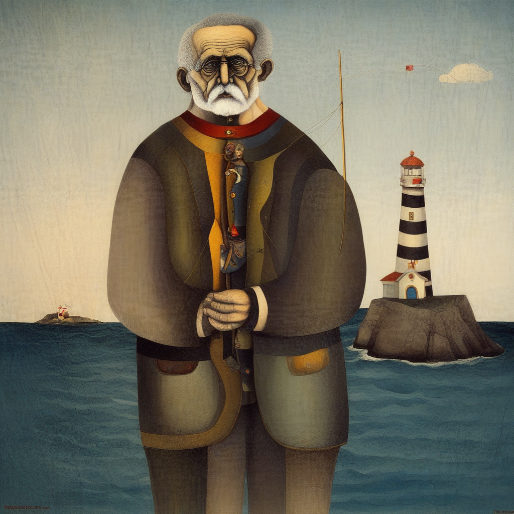 old man near the lighthouse, sentimental, 1boy, by richard lindner, painting, pop art