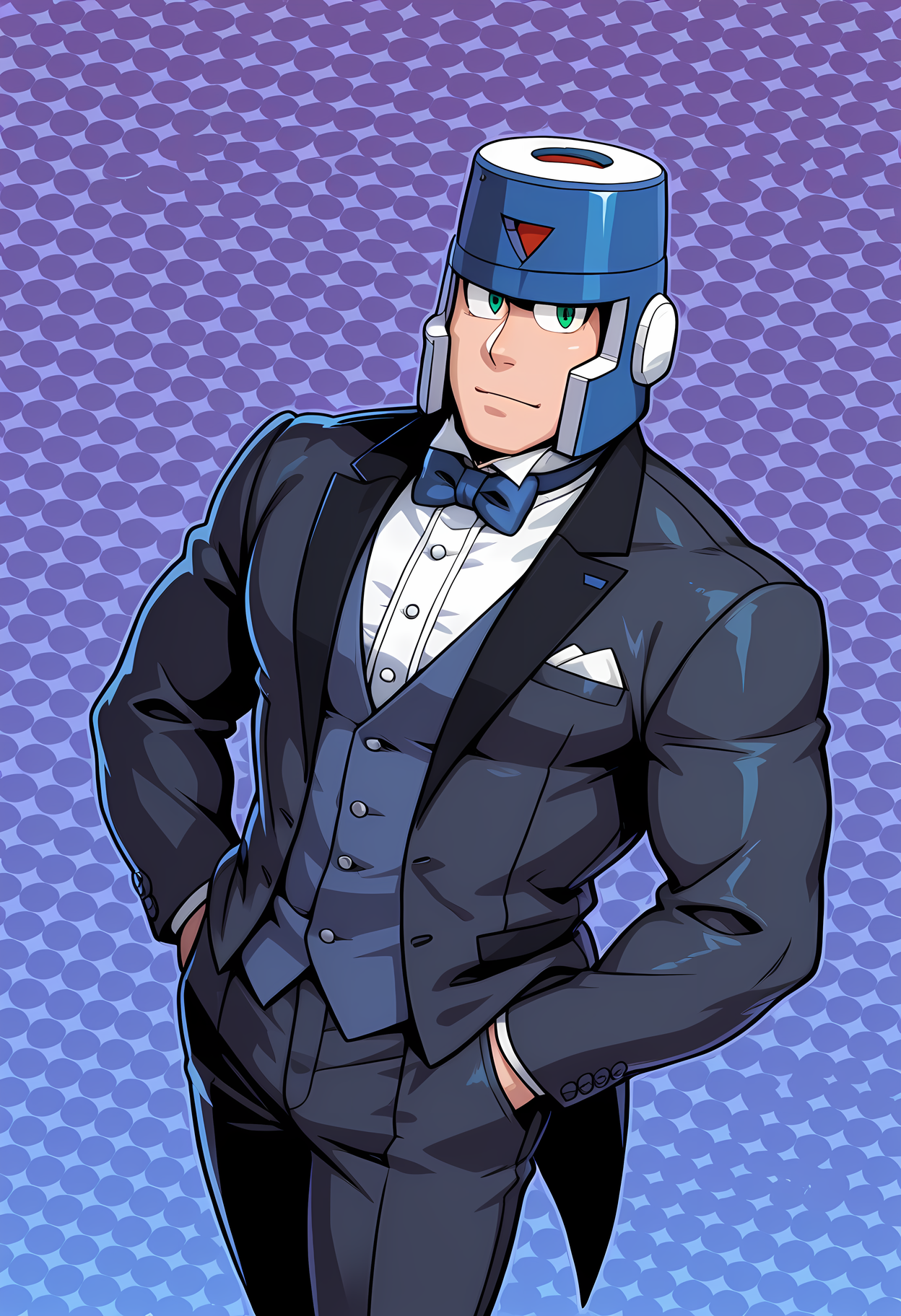 masterpiece, best quality, amazing quality, dutch angle, abstract background, BREAK
1boy, solo, male focus, mm3_hard, helmet, green eyes, muscular male, tuxedo, formal, bow tie, BREAK
<lora:cfg_scale_boost:.6>  <lora:Hard_Man_-_Mega_Man_3_-_ILXL:1.3>