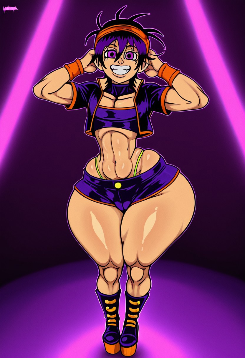 Narancia,purple hair,purple eyes,headband,1boy,wide hips,thick thighs,smile,looking at viewer,teeth,cropped jacket,crop top, high-rise thong,booty shorts,platform boots,solo,expressive, masterpiece,best quality,amazing quality,nightclub