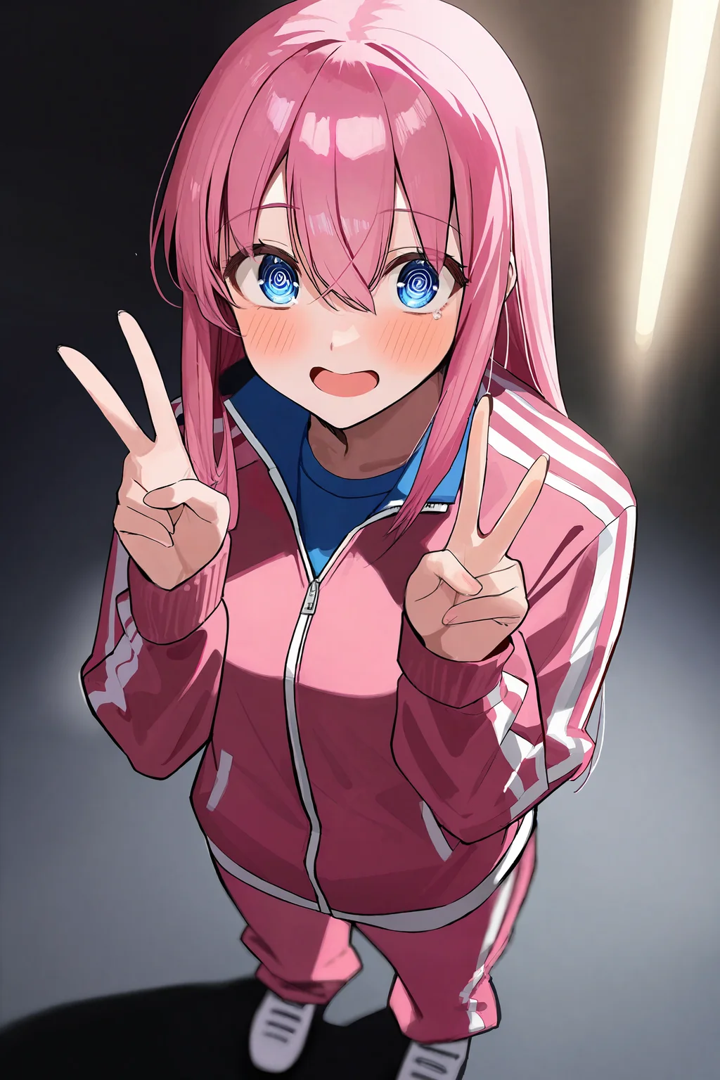 flat-pasto, 1girl, gotou hitori, solo, full body, face close-up, perspective, from above, black background, dark theme, double v, blue eyes, pink long hair, hair between eyes, straight hair, @_@, blush, pink track jacket, long sleeves, pink pants, dark lighting, detailed, beautiful, beautiful color, amazing quality