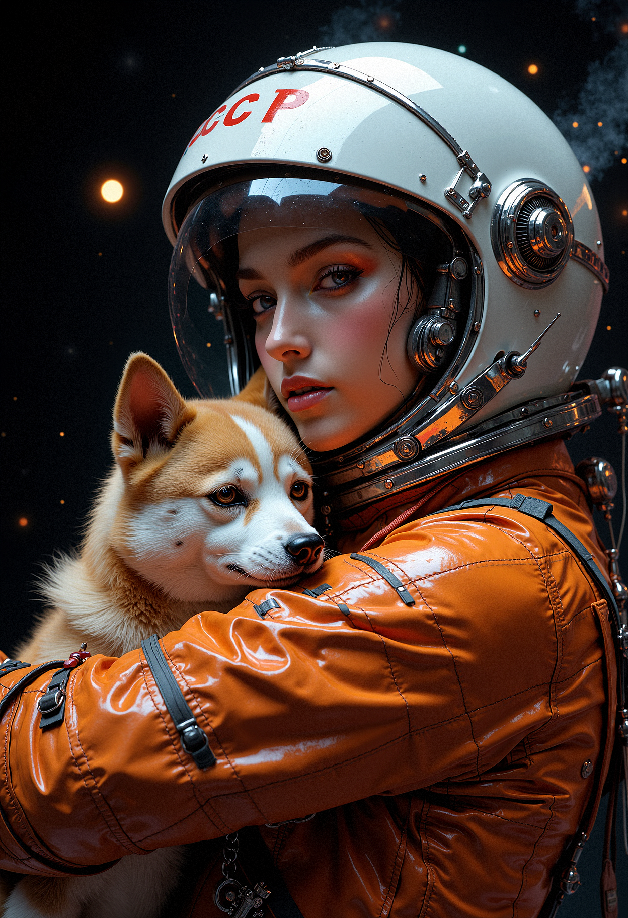 A human figure in a Soviet-era spacesuit with a white helmet, marked with "CCCP" in red letters on the front, standing in front of a black starry background. The figure is dressed in a bright orange astronaut suit with visible seams and zippers, tightly hugging a small dog, a white and brown Laika-like breed. The human's face is visible through the clear visor, with a neutral and slightly softened expression. Both the human and the dog are positioned in the lower part of the image, with the dog looking up at the human, creating a subtle emotional bond between them. The helmet has a glossy finish, with soft reflections, and the overall lighting is soft and evenly distributed. The stars in the background are bright and scattered, with one large star glowing prominently to the right, adding a sense of depth and space. The style is hyper-realistic with crisp details on the astronaut suit, dogâs fur, and the reflective elements of the helmet.   <lora:FluxMythP0rtr4itStyle:0.8> MythP0rt, <lora:ARTifacts:0.66> <lora:artisketchyfs-v02:0.55>
