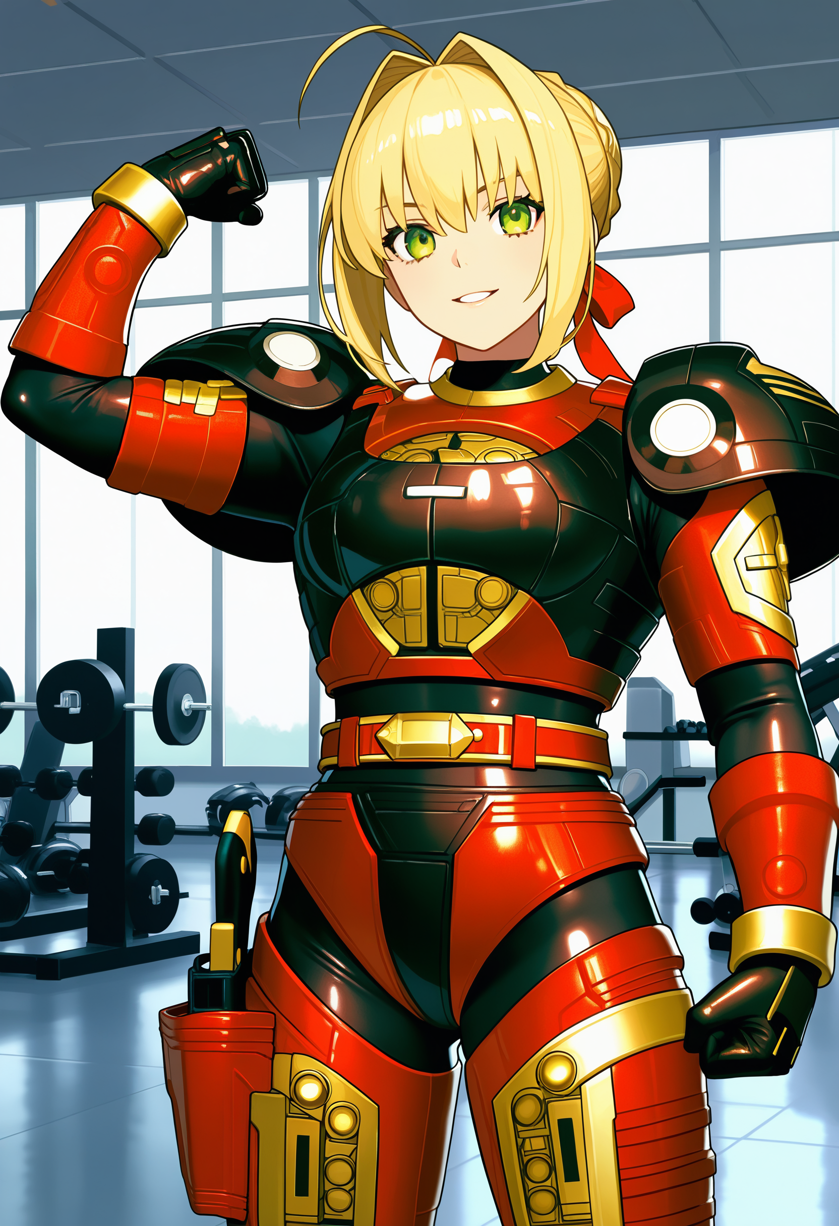 1girl, solo, R3ddle, armor, bodysuit, shoulder pad, gloves, belt, holster, shiny clothes, (nero claudius (fate):0.9), blonde hair, green eyes, flexing, looking at veiwer, smile, parted lips, cowboy shot,
indoors, gym,
best quality, very aesthetic, masterpiece,