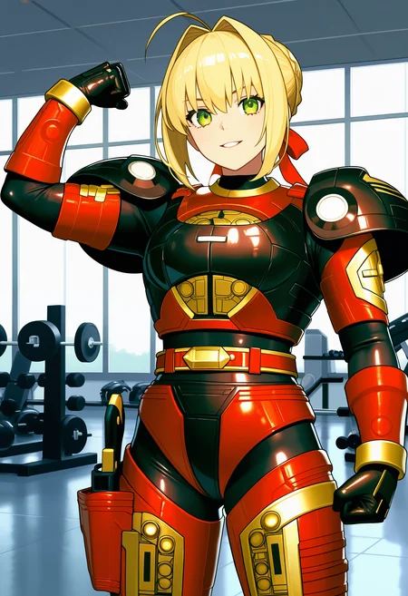 1girl, solo, R3ddle, armor, bodysuit, shoulder pad, gloves, belt, holster, shiny clothes, (nero claudius (fate):0.9), blonde hair, green eyes, flexing, looking at veiwer, smile, parted lips, cowboy shot,
indoors, gym,
best quality, very aesthetic, masterpiece,